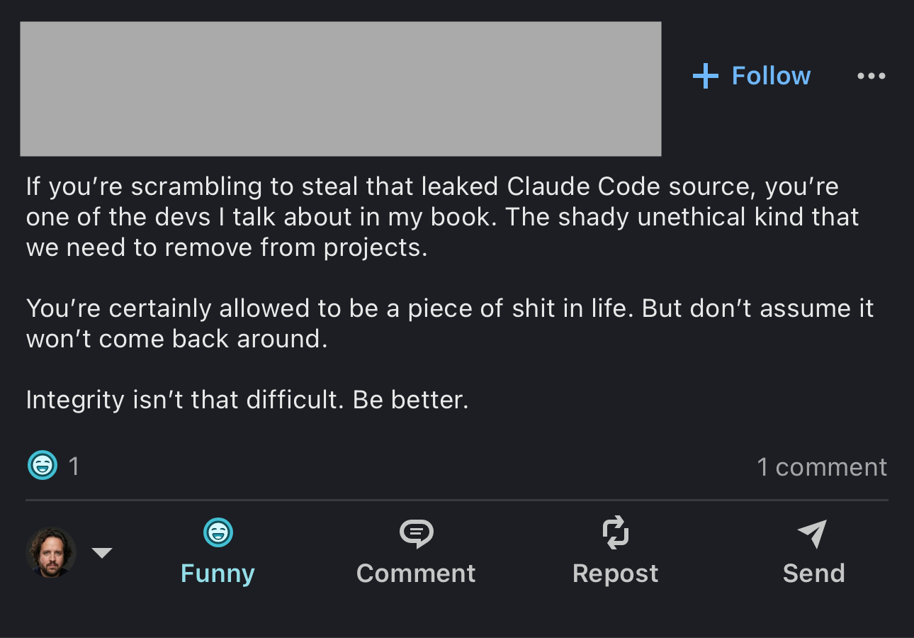 Screenshot of a LinkedIn comment dismissing the open source argument as entitlement